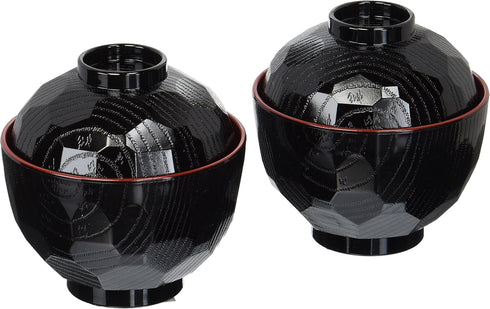 JapanBargain Set of 2 Miso Soup Bowls with Lid, Traditional Plastic Lacquered Black and Red Bowl Made in Japan