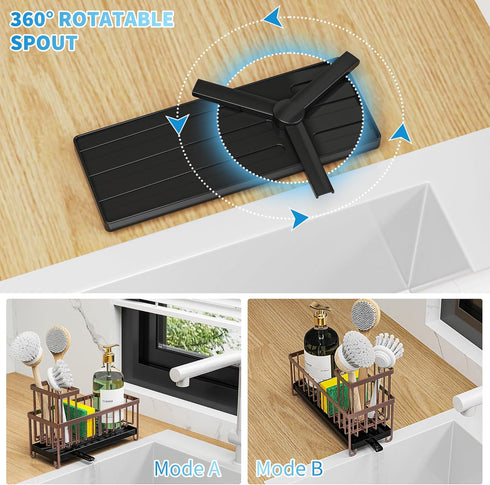 Cisily Kitchen Sink Sponge Holder, Rustproof 304 Stainless Steel Organizer with High Brush Holder (Brown)
