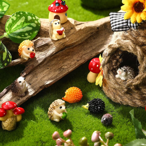 Woanger 30 Pcs Miniature Fairy Garden Accessories, Tiny Resin Hedgehog Mushroom Figurines for House Terrarium Decor