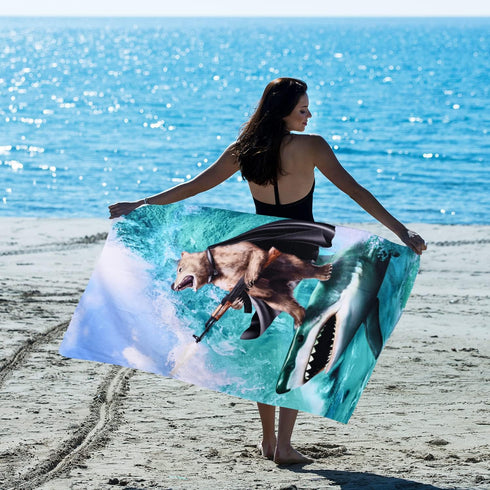 LIVILAN Funny Shark Bear Beach Towel, 30" x 60" Oversized Microfiber, Quick Dry for Bath and Pool