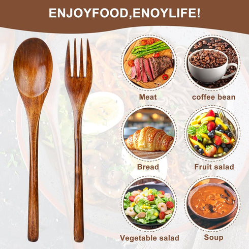 6Pcs Wooden Spoons Forks Set, Reusable Wooden Utensil Set for Stirring Cooking Camping, Wooden Cutlery