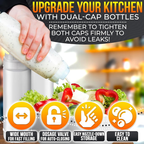 Set 6 16 oz of Inverted Condiment Squeeze Bottles Upgraded Design with Added Sealing Gaskets, Self-Closing Valve