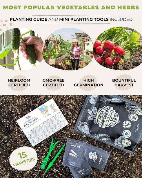 15 Tactiko Survival Vegetable Seed Kit Varieties for Small Urban Garden, Balconies & Patios - Non-GMO, Heirloom