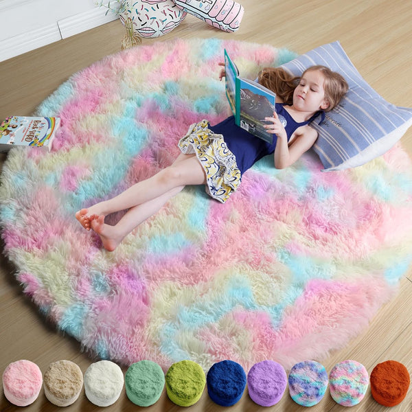 Amdrebio Rainbow Fluffy Round Rug 6Ft Kids Rugs for Girls Bedroom, Unicorn