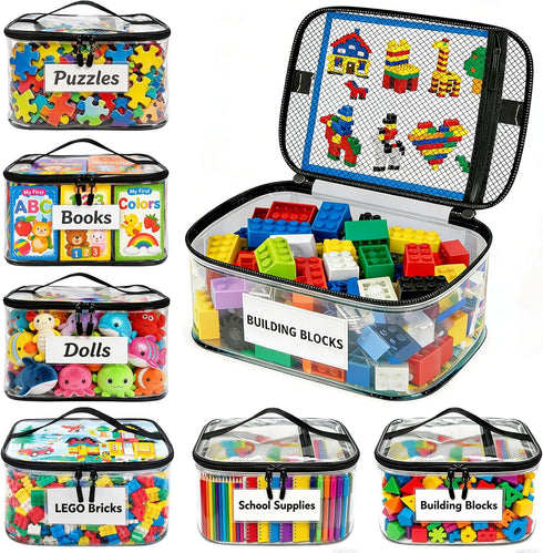 Blissleaf 6 Pack Extra Large Clear Toy Storage Bag with Name Tag,Waterproof PVC
