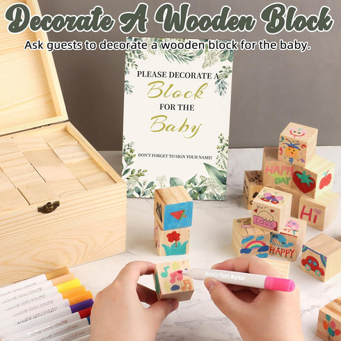 72PCS wookidel Baby Shower Games Kit with Blank Wooden Blocks, Acrylic Paint Marker, Wooden Box and Sign, Blocks