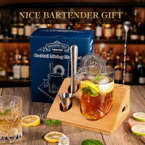 6 Set 18oz Set Cocktail Mixing Glass, veecom Piece Crystal Bar Mixing Glass Bartender with Bamboo Stand, Old Fashioned