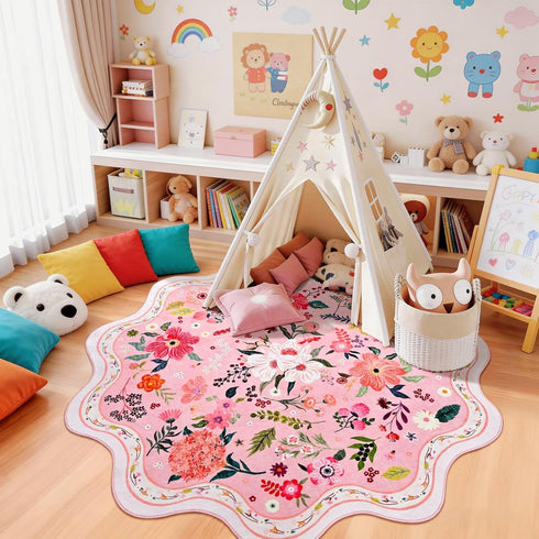 Macgace 5ft Pink Round Rug for Girls Bedroom, Machine Washable Floral Area Rugs with Non Slip Backing, Cute Flower