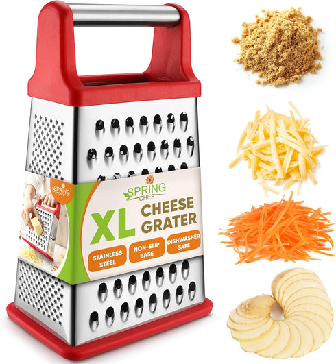 Spring Chef Professional Cheese Grater - XL Stainless Steel 4 Sided Box Grater for Kitchen, Perfect for Parmesan,