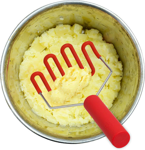 Jell-Cell Potato Masher, Silicone Protect Body with Premium Stainless Steel for Smooth Mashed Potatoes, Red