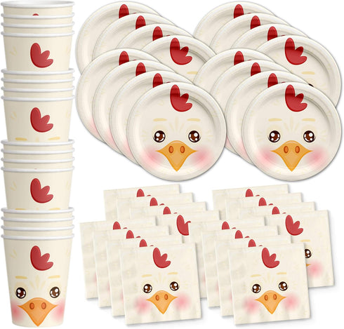 Chicken Birthday Party Supplies Set, Tableware Kit for 16, Plates, Napkins, Cups