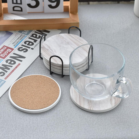 Hoewina 6Pcs Set 4 Inches Drink Coasters with Holder, Marble Style Ceramic Drink Coaster, Absorbent Coasters Suitable