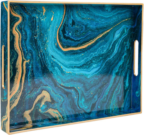 MAONAME Plastic Decorative Tray, Marbling Tray with Handles, Rectangular Coffee Table Trays,