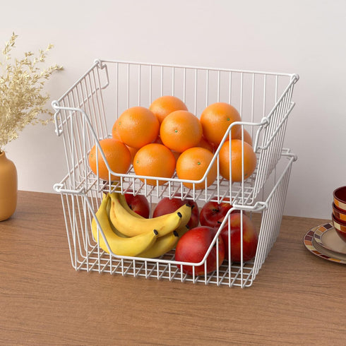 Slideep 14'' Large Stackable Storage Baskets - Sturdy Metal Wire Pantry Organizer, 2 Pack, White