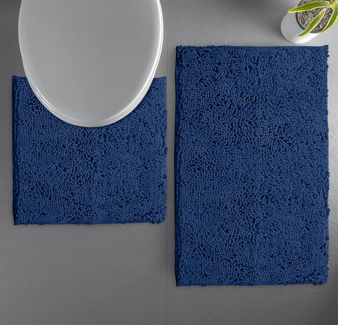 Bathroom Rugs Sets 2 Piece, Luxury Chenille Bath Mat Set, Soft Plush Anti-Slip Rug + U-Shaped Toilet Mat, Blue