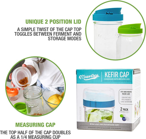 Masontops Kefir Lid Mason Jar Lids | Wide Mouth Living Culture Grain Drainer Starter Kit, 2 Packs