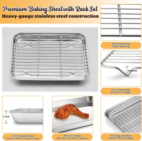 E-far Metal Toaster Oven Tray Set, 10.5”x8.3” Small Stainless Steel Baking Pan with Wire Rack for Cooking