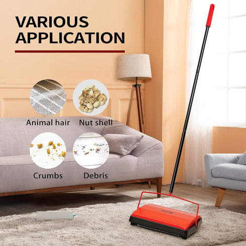 JEHONN Carpet Floor Sweeper Manual with Horsehair, Non Electric Rug Roller Brush for Cleaning Pet Hair, Loose Debris,