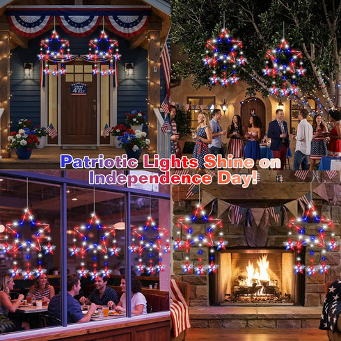 4th 2 Pack 62 8 Lewondr of July Decorations, Red White and Blue Window Star Lights with LEDs, Patriotic Star Lights