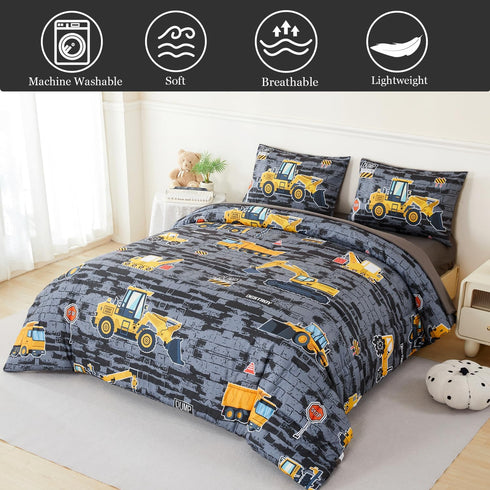 Set 5 Sets Sets ANGIYUIN Twin Boys Comforter Pcs Gray Construction Bed in A Bag for Kids Teens Excavator Trucks Bed