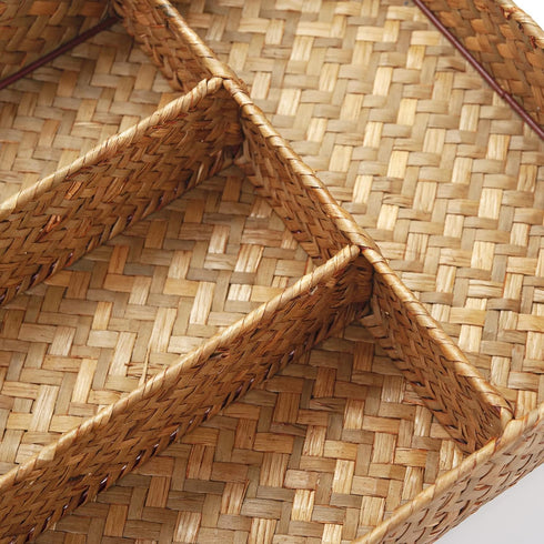 Seagrass Storage Basket with 4 Compartments, Rectangular Utensil Tray for Silverware Flatware Organization