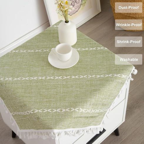 24 24 Inch Rustic Bedside Square Small Tablecloth Striped Embroidered Washable Sage Green Table Cover Farmhouse