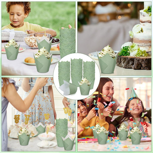Whaline 200Pcs Sage Green Tulip Cupcake Liners, Baking Cup for Bridal Baby Shower Party Decor