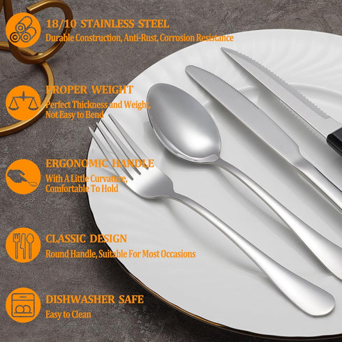 36 Pcs Silverware Set with Steak Knives, Stainless Steel Flatware Set for 6, Mirror Polished Cutlery, Dishwasher Safe