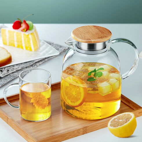 Large Glass Teapot 68 fl oz with Infuser, Stovetop Safe, Thickened Borosilicate Glass, Bamboo Lid