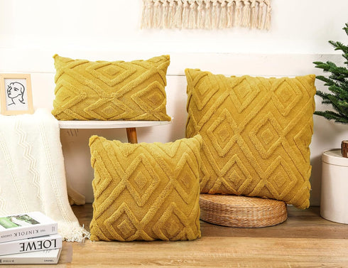 Set 2 24x24,Soft of Faux Fur Yellow Throw Pillow Covers Checkborad Pattern Decorative Boho Pillow Cover Case Cushion