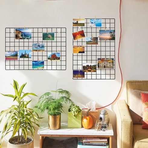 GBYAN 2 Pack Wire Wall Grid Panels with Lights and Clips, Large Photo Board for Home, Office Room Decoration