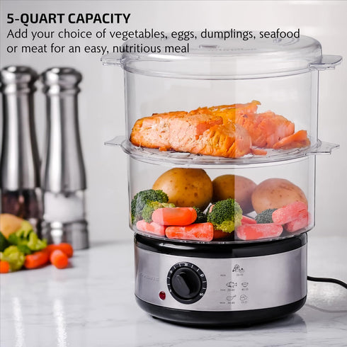 OVENTE 2 Tier Electric Food Steamer for Cooking Vegetables, Stainless Steel Base, Stackable and Dishwasher Safe Baskets, 400W with Auto Shutoff and 60-Minute Timer, 5 Quart Capacity, Silver FS62S by OVENTE
