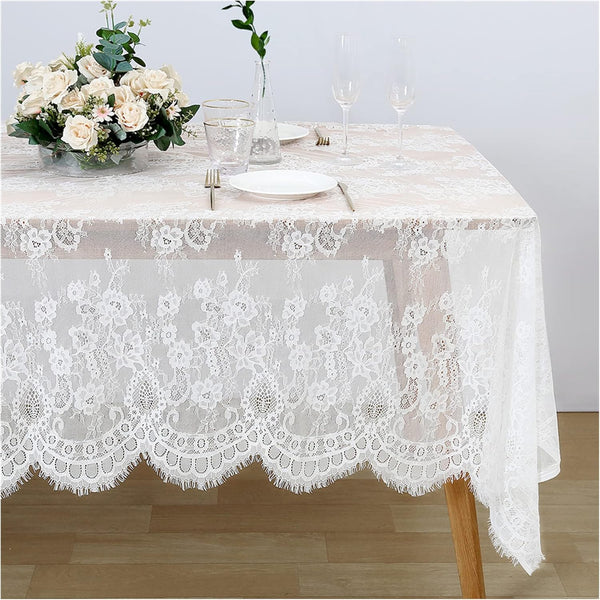 60x120 Inches White Lace Tablecloth - Vintage Embroidered Rectangle Table Cover for Wedding & Party Decorations
