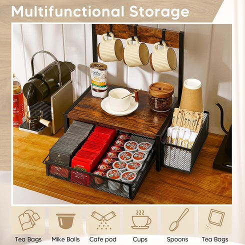 4 Countertop DGWJSU Tea Bag Organizer, Wood Tea Organizer and Storage Cheast, Tea Bag Holder with Storage Drawer, Hooks