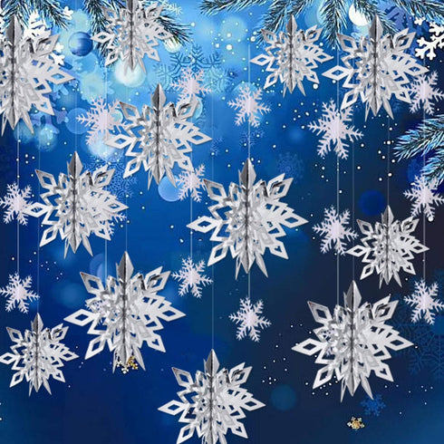 OuMuaMua Winter Christmas Hanging Decorations - 12PCS 3D Large Silver Snowflakes & 12PCS White Paper Snowflakes Garland