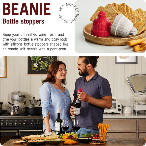 Set Beanie Cap Decorative Silicone Bottle Stopper in a Gift Box, of Two, Novelty Cork, Beverage and Wine Keeper