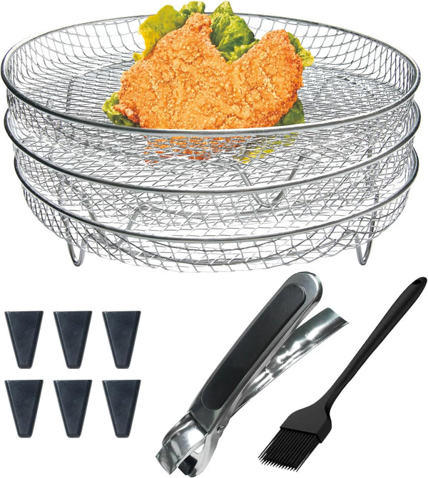 Air Fryer Racks, 11Pcs Universal Accessories, 3 Layer Stackable Dehydrator Racks with Oil Brush & Clamp