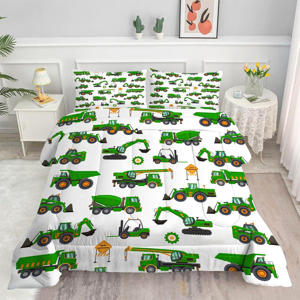 Comforter Set Green Tractor: Twin Size Cartoon Excavator Truck Car Bedding Sets