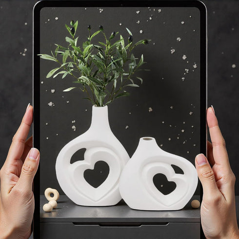 Set 2, 8.5in White Heart Shaped Hollow Ceramic Vase of Modern Nordic Boho Style Vases Home Decor for Table Centerpiece