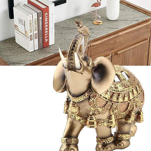 Golden Polyresin Elephant Statue Sculpture - Trunk Wealth Lucky Collectible Figurine Gift Home Decor Feng Shui