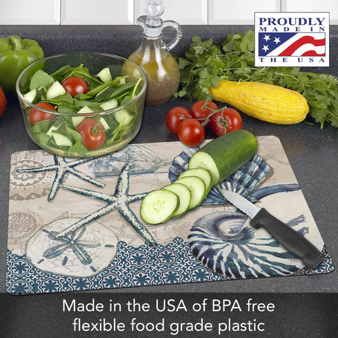 Cut N' Funnel Tide Pool Shells Designer Flexible Plastic Cutting Board Mat, 15" x 11.5", Easy to Clean, Made in the USA