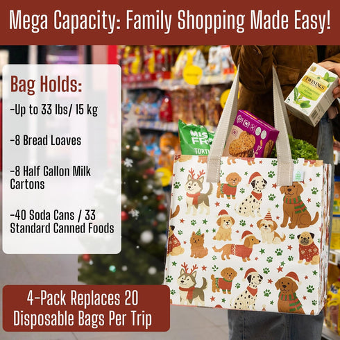VENO 4 Pack 4 Pack) Cute Dog Reusable Grocery Bags, Heavy-Duty Shopping Bags with Handles, for Shopping Cart with Hard