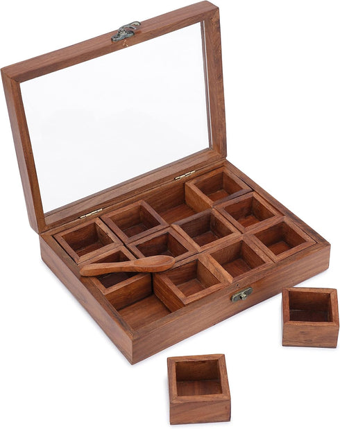 12 1 Ajuny Wooden Spice Box - Masala Dabba Organizer with Glass Lid on Top, Removable Compartments and Designer Spoon