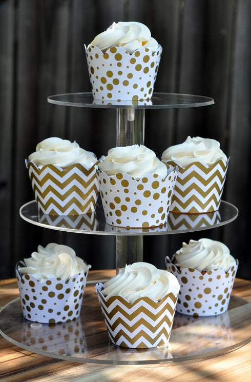 Set of 24 Gold and White Cupcake Wrappers - Reversible Cup Cake Holder Wraps with Dots, Chevrons for Parties