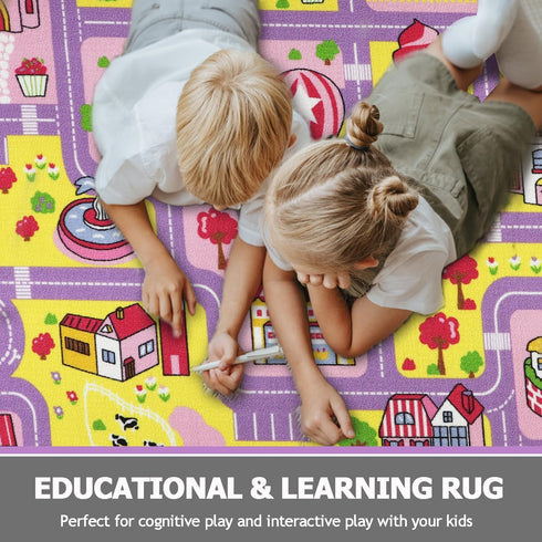 6.6x5.0 Capslpad Kid Rug for Playroom Purple Play Rug Traffic Road Car Play Mat ft Educational Learning Area Rug