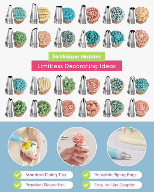 Kootek 32-Piece Piping Bags and Tips Set with 24 Icing Tips, Reusable Pastry Bags