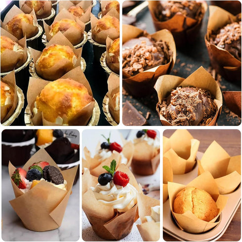 120 Counts Natural Tulip Cupcake Liners for Baking, Food Grade Parchment Paper Muffin Holders, Greaseproof