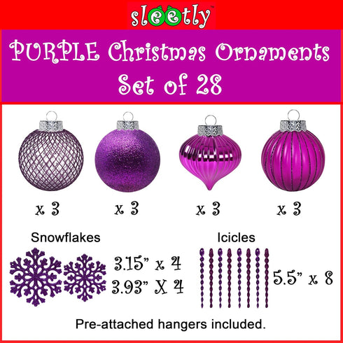 SLEETLY 28pk Purple Christmas Ornaments - Shatterproof Plastic Balls, Icicles, and Snowflakes