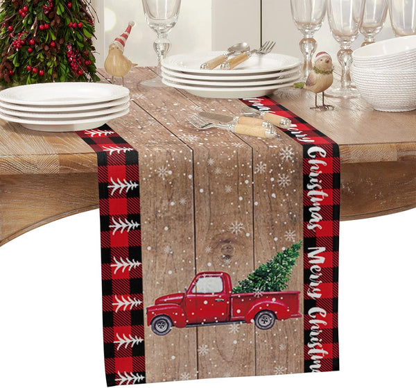 Christmas Table Runner 72 Inch Truck with Xmas Trees, Red Black Buffalo Plaid Cotton Linen for Holiday Party