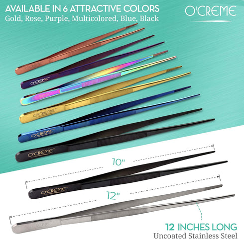 O'Creme 12 Inch Stainless Steel Precision Kitchen Culinary Tweezer Tongs Silver.